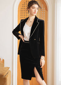 Women's Black Velvet Tailored Short Blazer Split Skirt Set