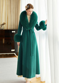 Women's Green Fox Fur Collar Wool Cashmere Belted Long Coat