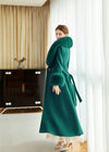 Women's Green Fox Fur Collar Wool Cashmere Belted Long Coat