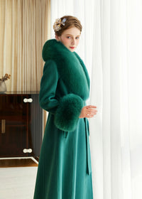 Women's Green Fox Fur Collar Wool Cashmere Belted Long Coat