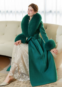 Women's Green Fox Fur Collar Wool Cashmere Belted Long Coat