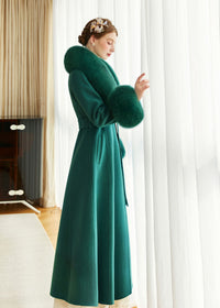 Women's Green Fox Fur Collar Wool Cashmere Belted Long Coat