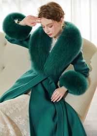 Women's Green Fox Fur Collar Wool Cashmere Belted Long Coat