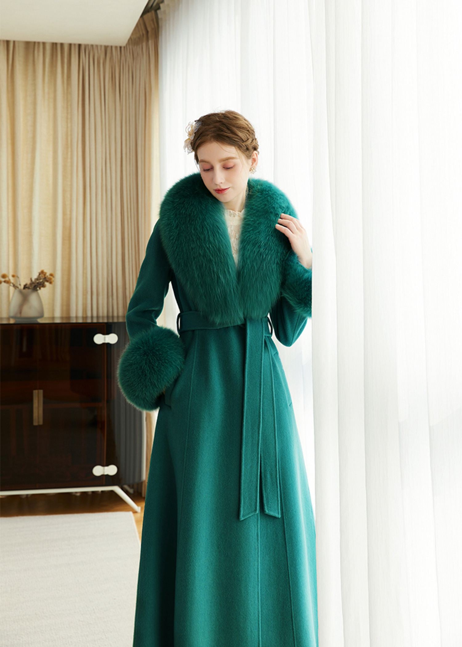 Green Fox Fur Collar Wool Cashmere Belted Long Coat Green / XS Green Fox Fur Collar Wool Cashmere Belted Long Coat Green / XS
