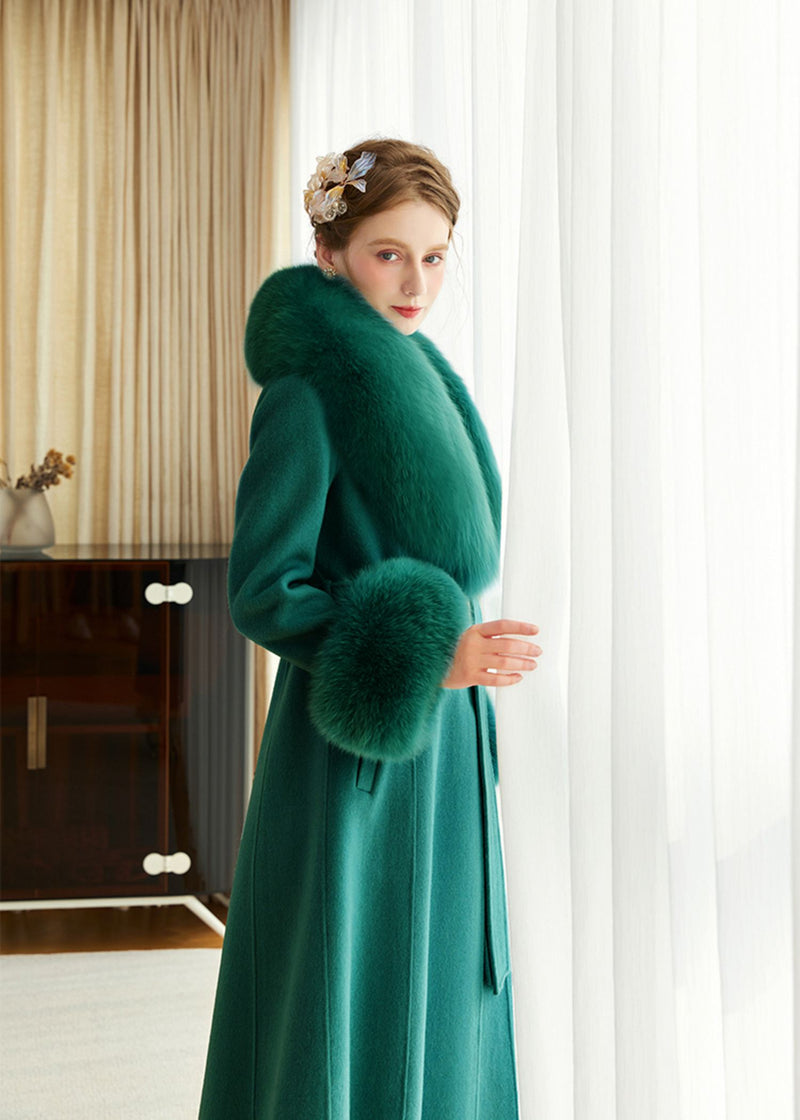 Women's Green Fox Fur Collar Wool Cashmere Belted Long Coat