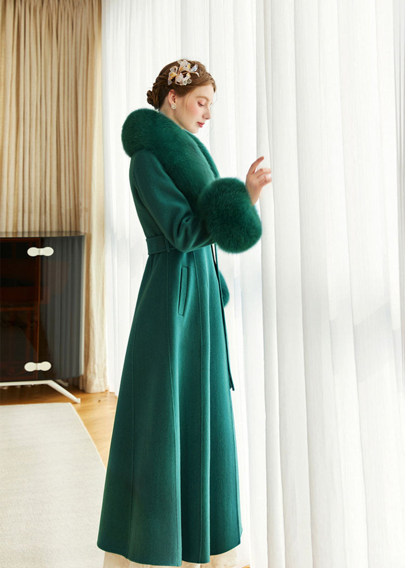 Women's Green Fox Fur Collar Wool Cashmere Belted Long Coat