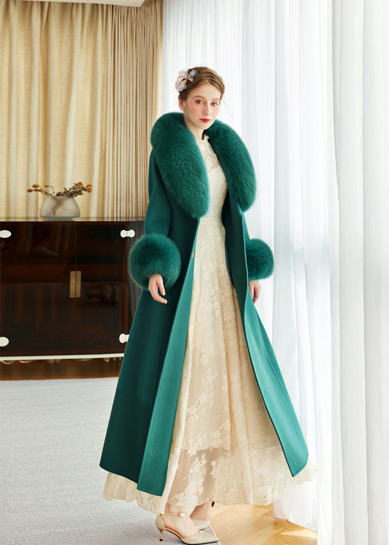 Women's Green Fox Fur Collar Wool Cashmere Belted Long Coat