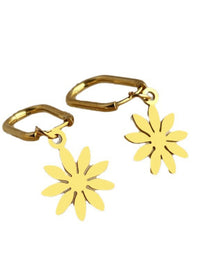 14K Gold Plate Rectangle Hoop Flower Drop Earrings