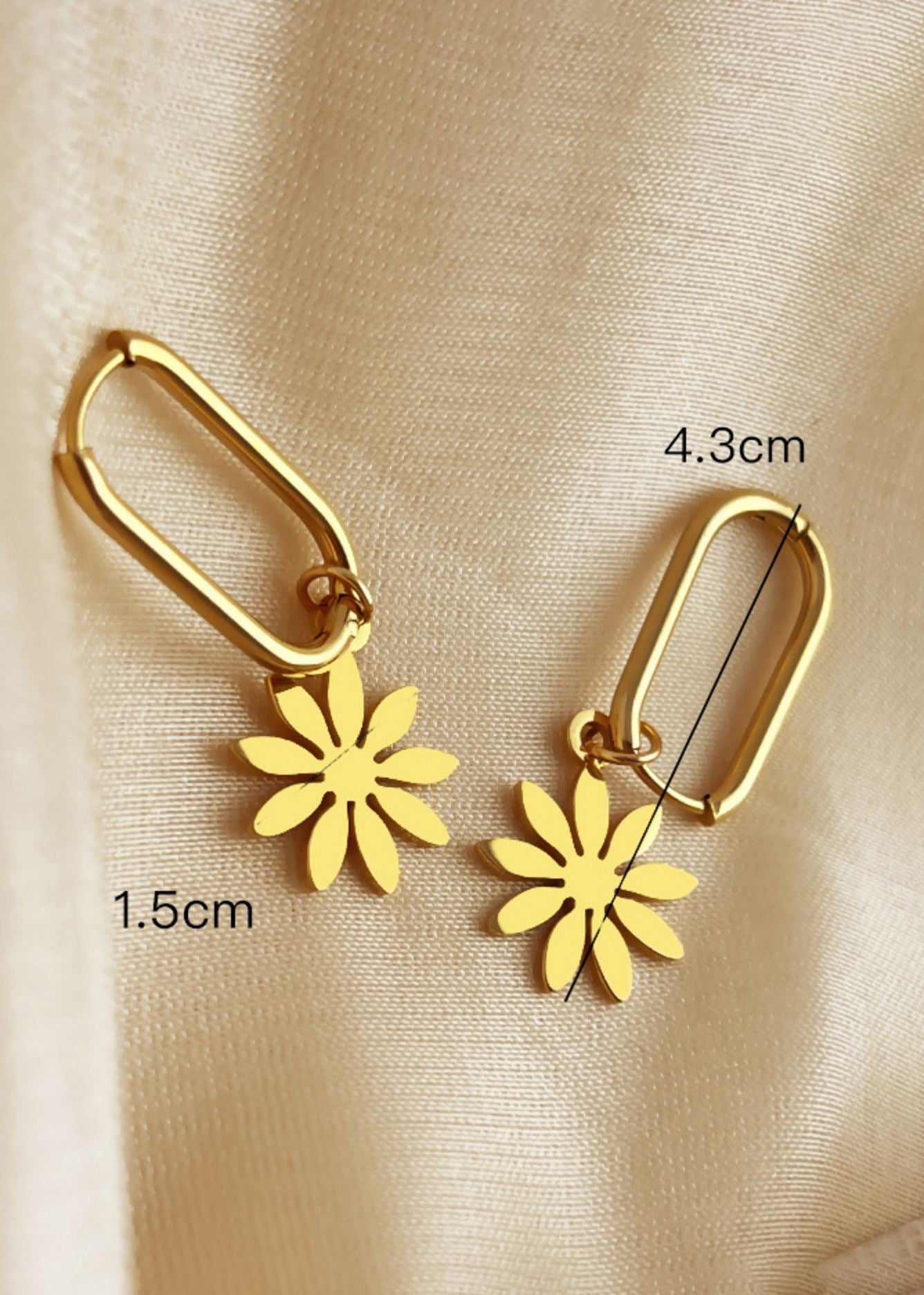 14K Gold Plate Rectangle Hoop Flower Drop Earrings – Vivian Seven