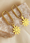 14K Gold Plate Rectangle Hoop Flower Drop Earrings