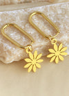 14K Gold Plate Rectangle Hoop Flower Drop Earrings