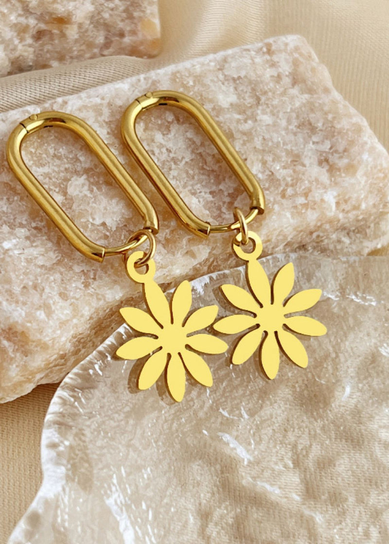 14K Gold Plate Rectangle Hoop Flower Drop Earrings