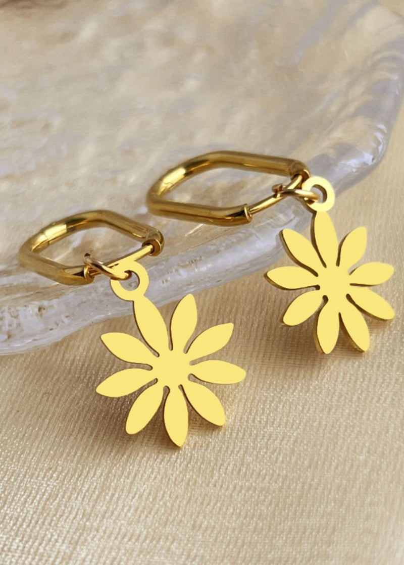 14K Gold Plate Rectangle Hoop Flower Drop Earrings