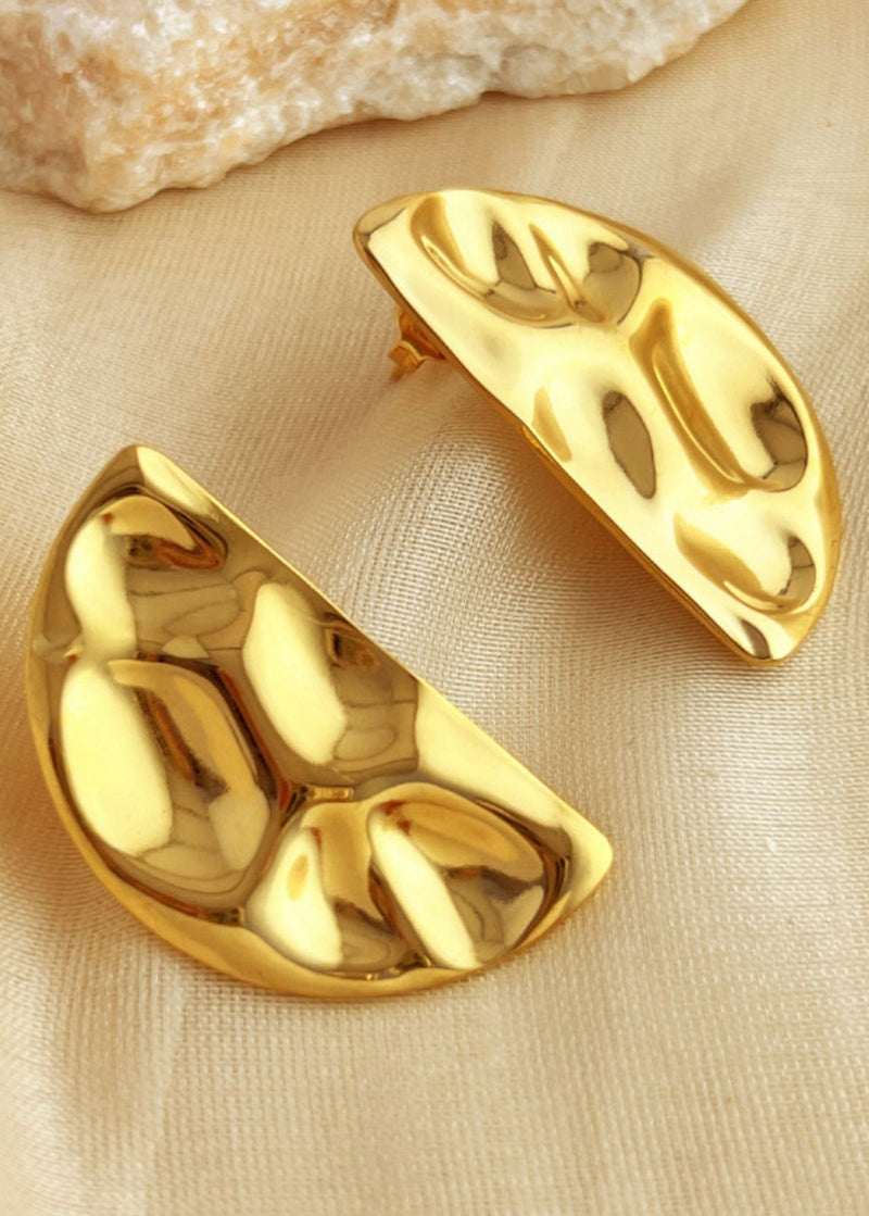 18K Gold Plate Hammered Crumpled Disc Stud Earrings