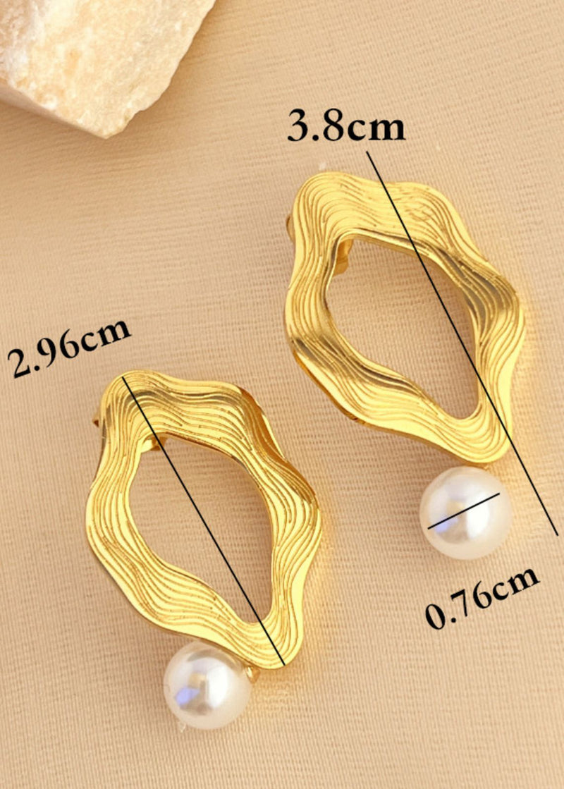 18K Gold Plate Textured Hoop Pearl Drop Earrings