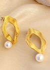 18K Gold Plate Textured Hoop Pearl Drop Earrings