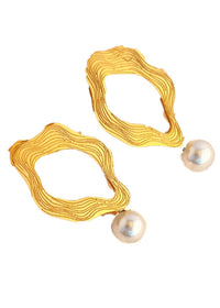 18K Gold Plate Textured Hoop Pearl Drop Earrings