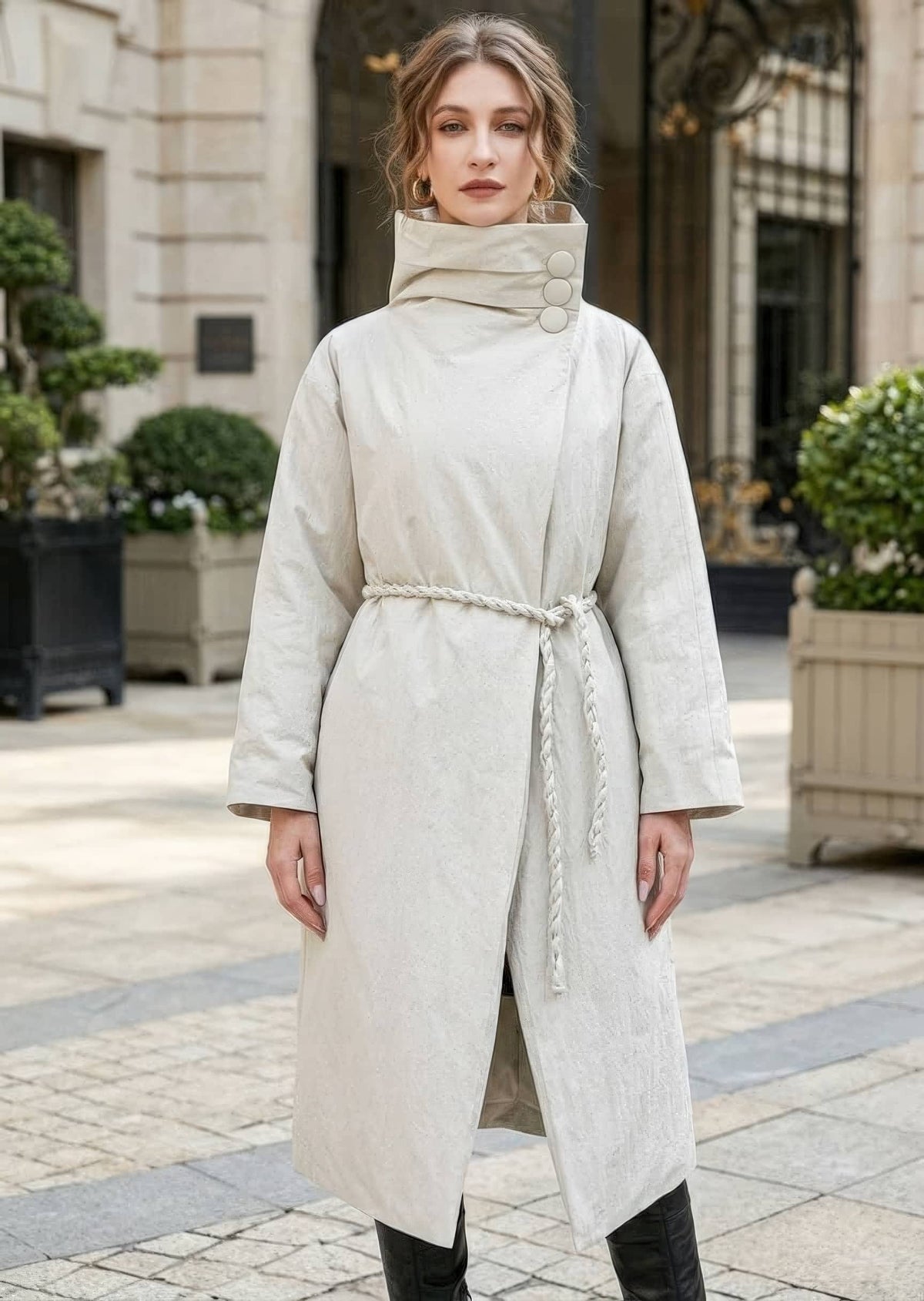 Front view of woman wearing beige high neck asymmetric down coat with button details and rope waist tie