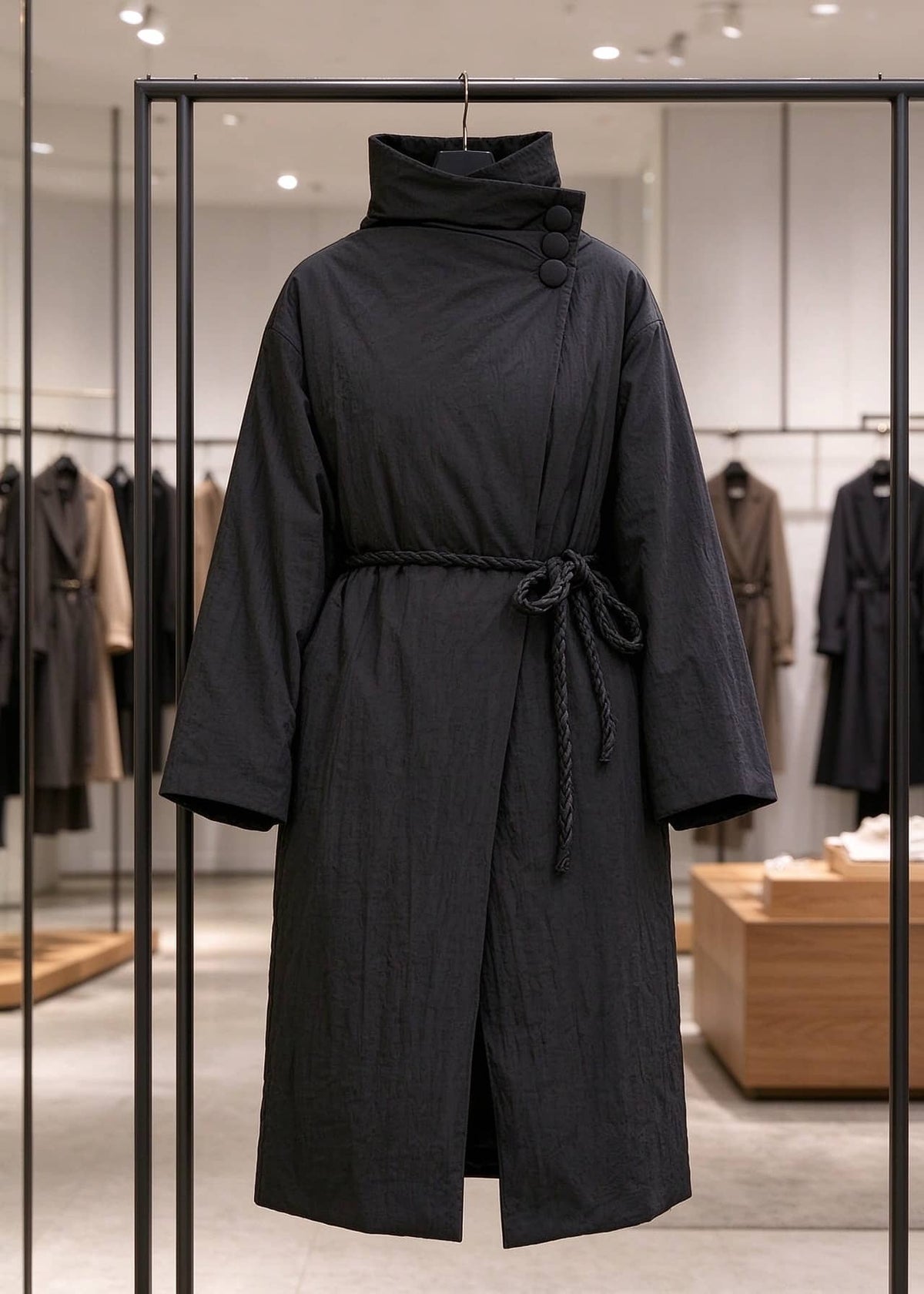 Black asymmetric high neck longline down coat with rope belt on display rack