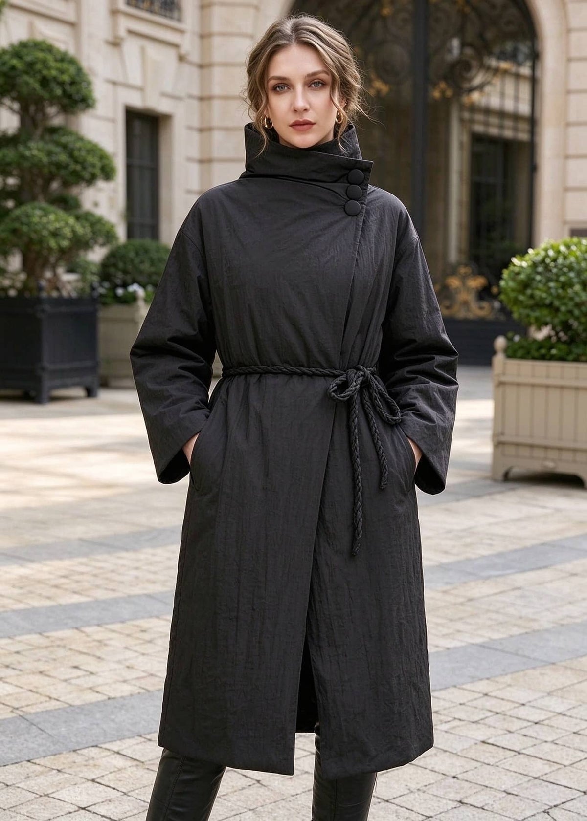 Front portrait view of woman in black high collar asymmetric down coat with braided rope belt