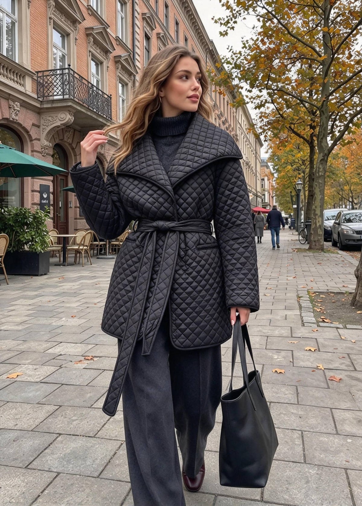 A woman walking on a city sidewalk wearing a black quilted wrap coat over a black turtleneck, dark wide-leg pants, and carrying a black tote bag.