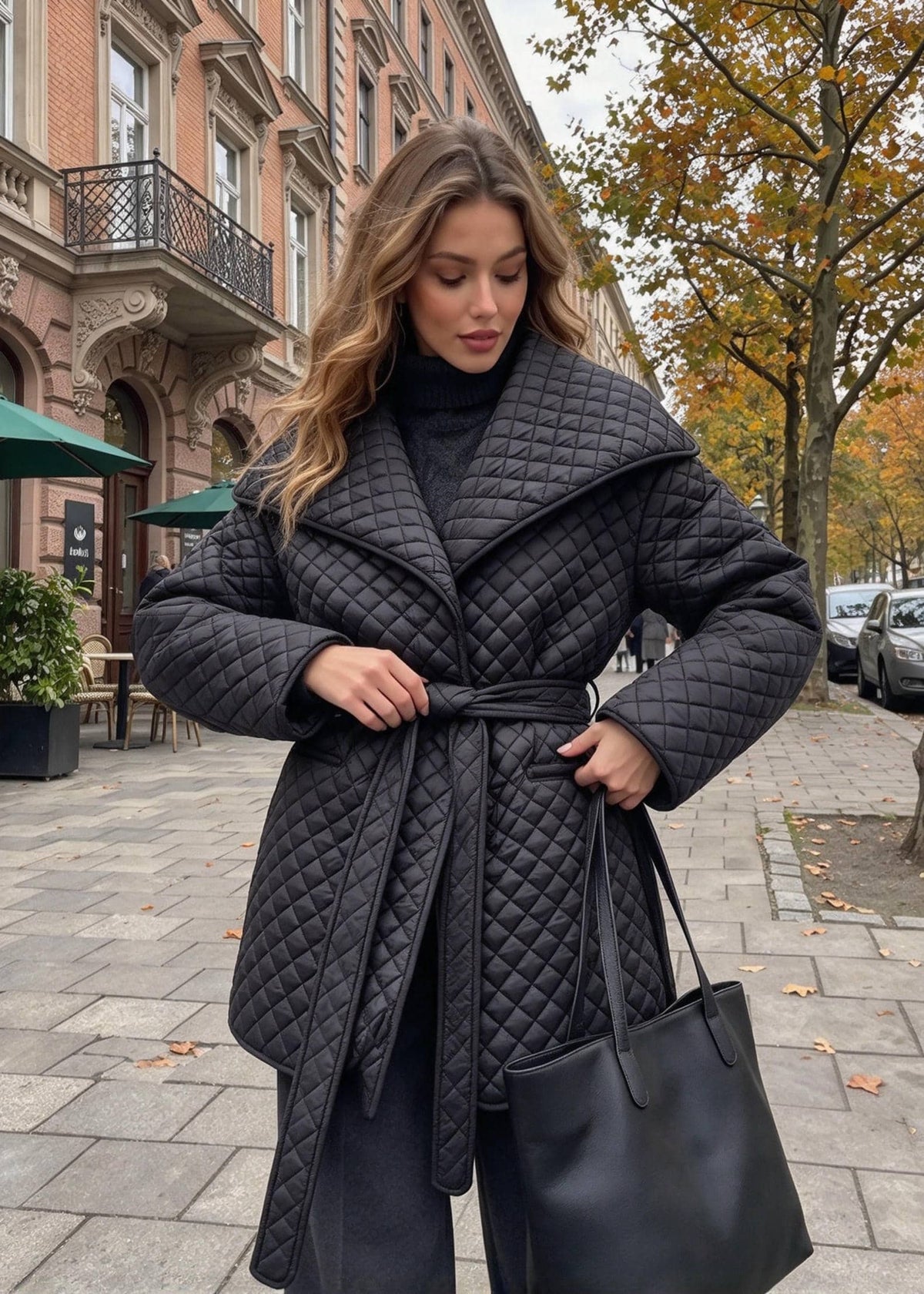 A woman wearing a black quilted wrap coat with a large collar and tie belt, standing on a city street and holding a black tote bag.