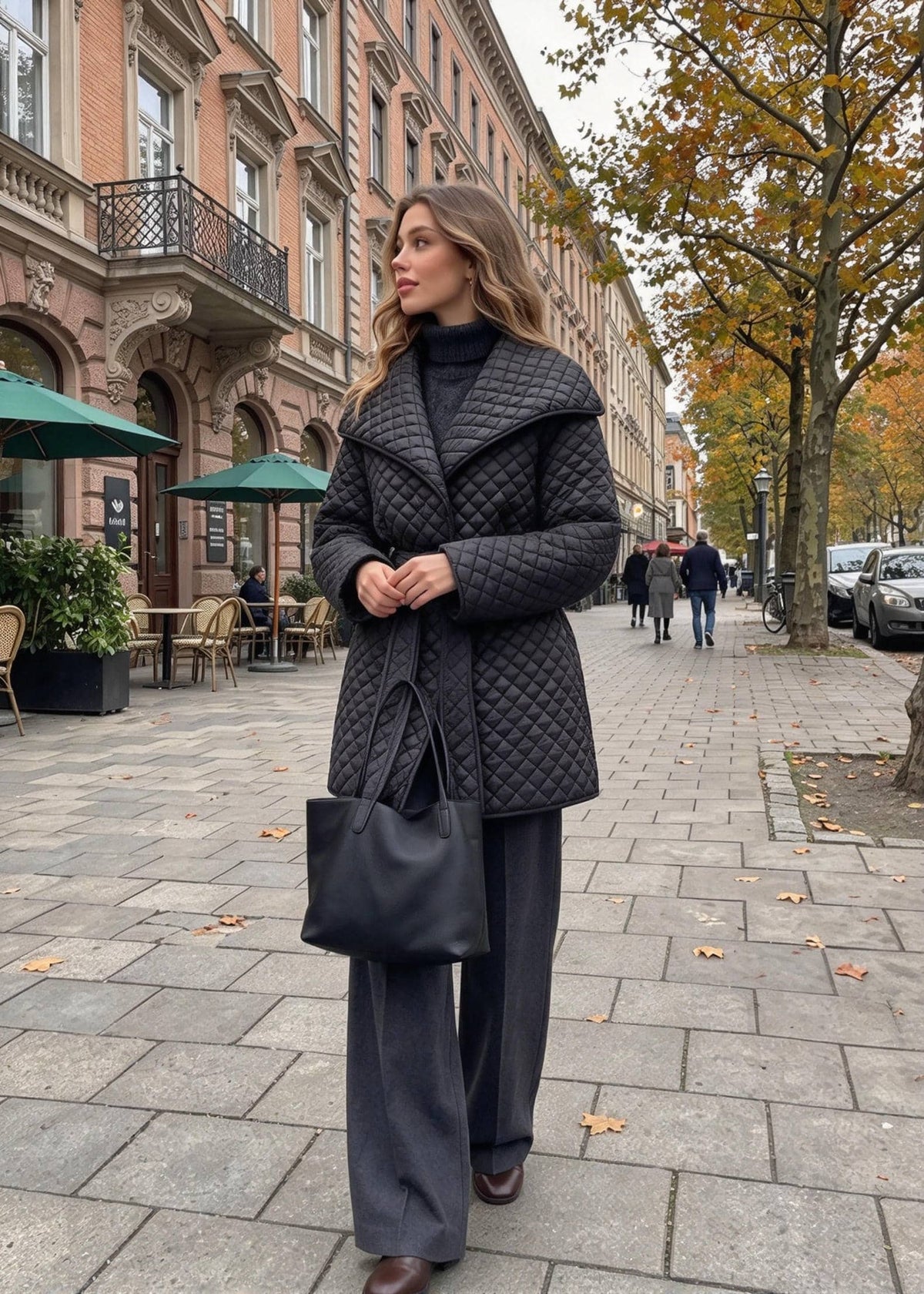 A woman stands on a city sidewalk wearing a black quilted coat over a black turtleneck, dark wide-leg trousers, and carrying a black tote bag. The background shows a European-style street with buildings, trees, and pedestrians.