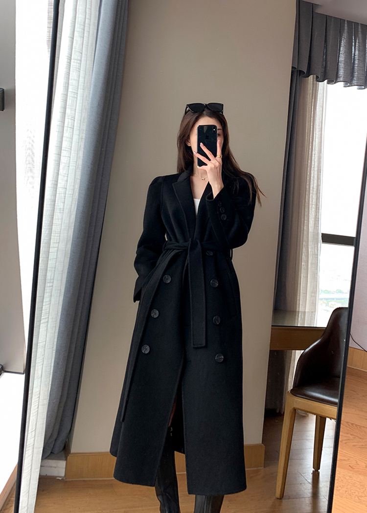 Black Double Breasted Belted Wool Blend Long Coat Black / M Black Double Breasted Belted Wool Blend Long Coat Black / M