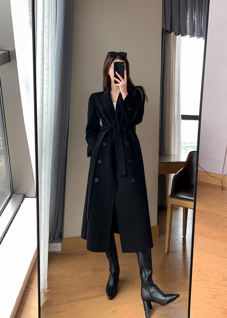 Women's Black Double Breasted Belted Wool Blend Long Coat