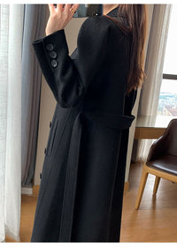 Women's Black Double Breasted Belted Wool Blend Long Coat