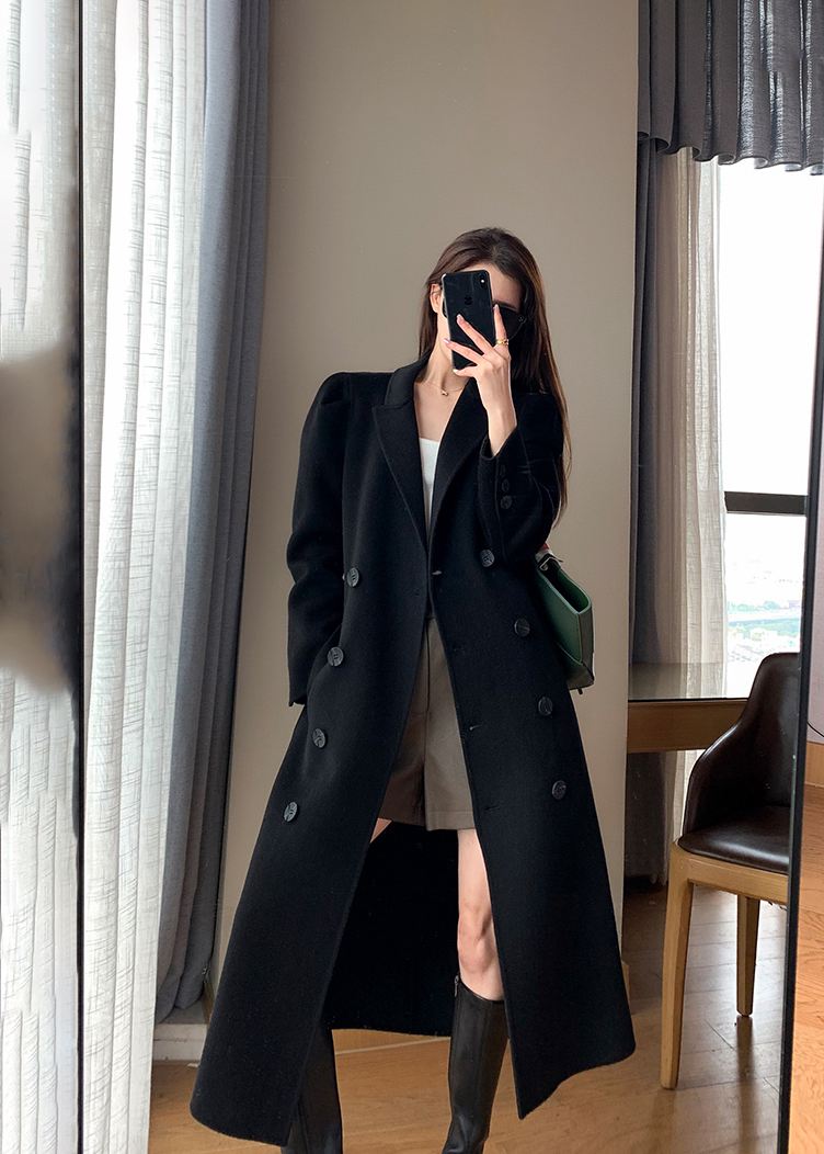 Women's Black Double Breasted Belted Wool Blend Long Coat