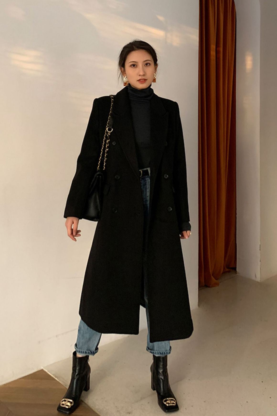 Peak Lapel Double Breasted Wool Blend Coat – Vivian Seven