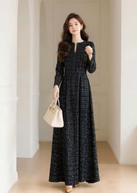 Elegant full-body shot of the Vivian Seven black long sleeve tweed dress in a classic checkered pattern, styled for formal wear.