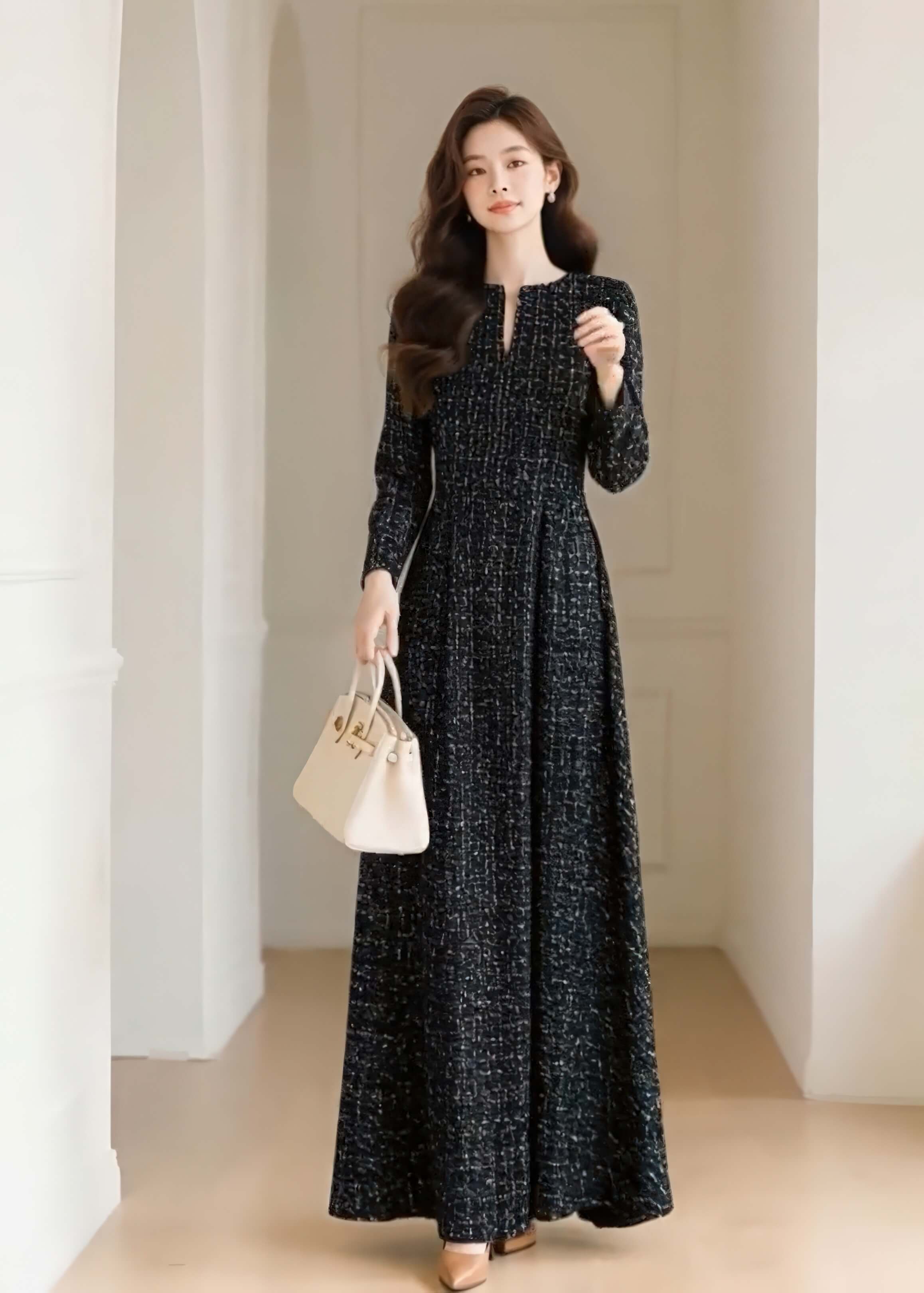 Elegant full-body shot of the Vivian Seven black long sleeve tweed dress in a classic checkered pattern, styled for formal wear.