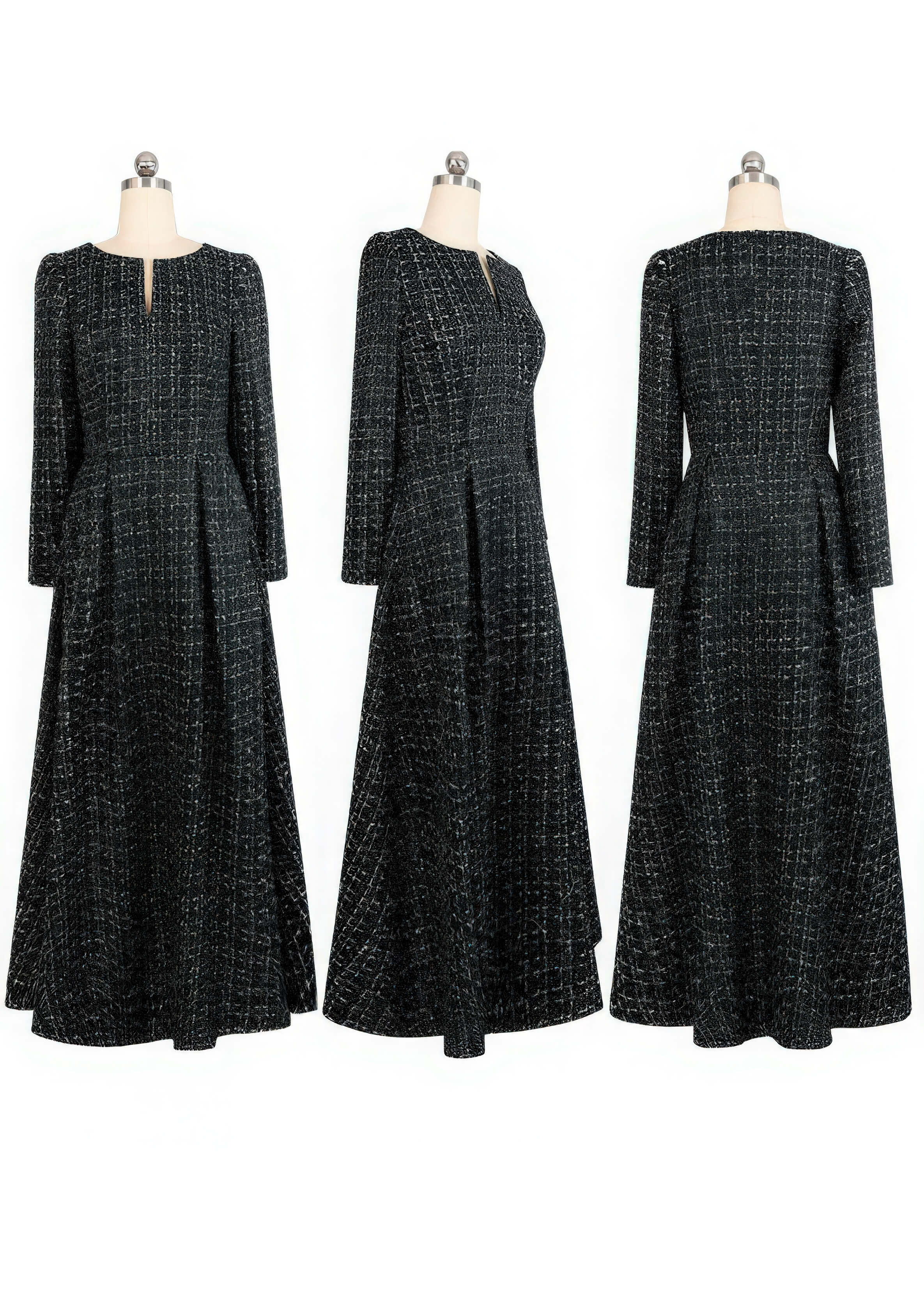 A-Line Long Sleeve Tweed Maxi Dress Vivian Seven A-Line Long Sleeve Tweed Maxi Dress Vivian Seven