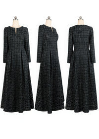 Three-angle view of the black tweed maxi dress on a mannequin, showing the front, side, and back design of the Vivian Seven gown.