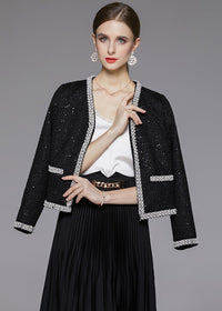 Women's Beaded Trim Sequin Black Short Tweed Jacket