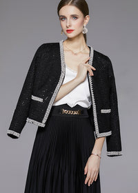 Women's Beaded Trim Sequin Black Short Tweed Jacket