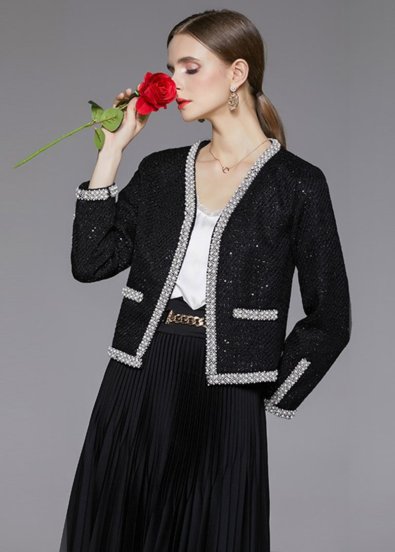 Women's Beaded Trim Sequin Black Short Tweed Jacket