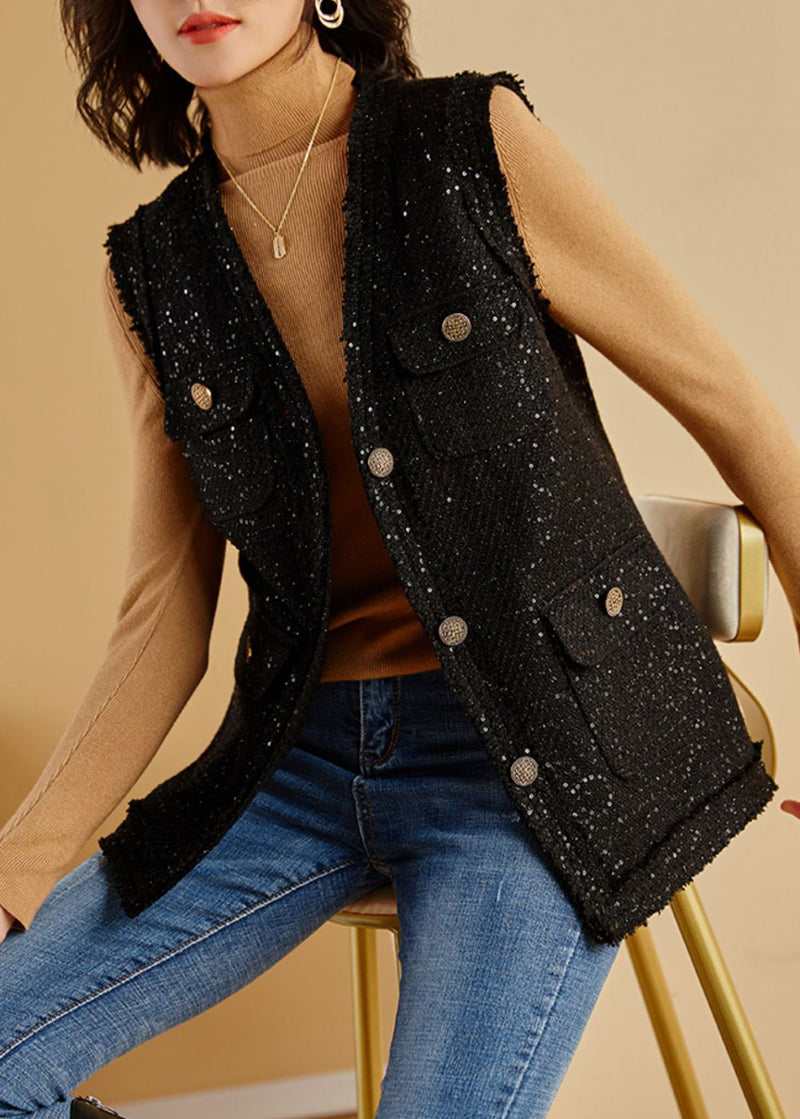 Black Utility Wool Blend Tweed Vest