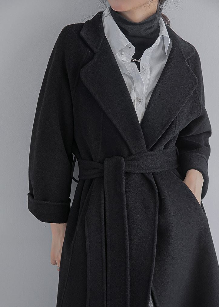 Women's Black Wrap Belted Wool Blend Long Coat