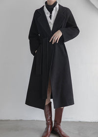 Women's Black Wrap Belted Wool Blend Long Coat