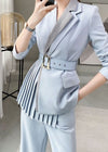 Womens Blue Pleasted Belted Blazer & Flare Pants Suit