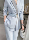 Womens Blue Pleasted Belted Blazer & Flare Pants Suit