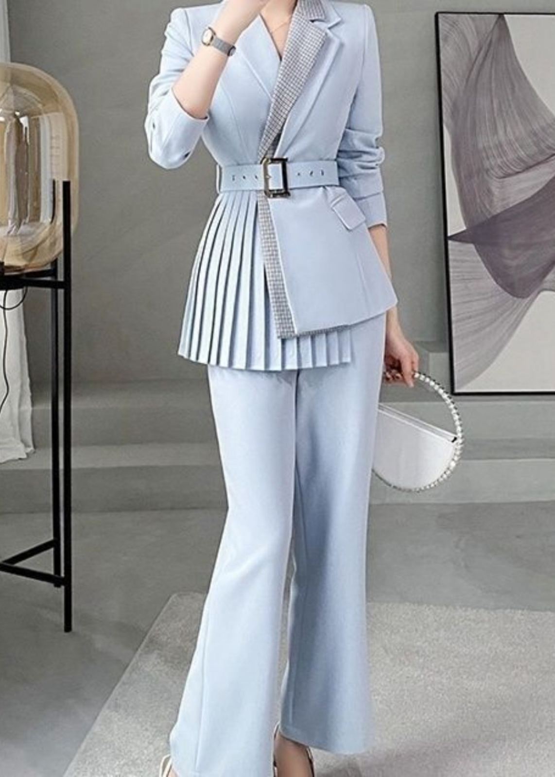 Blue Pleasted Belted Blazer & Flare Pants Suit | Vivian Seven M Blue Pleasted Belted Blazer & Flare Pants Suit | Vivian Seven M