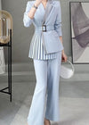 Womens Blue Pleasted Belted Blazer & Flare Pants Suit