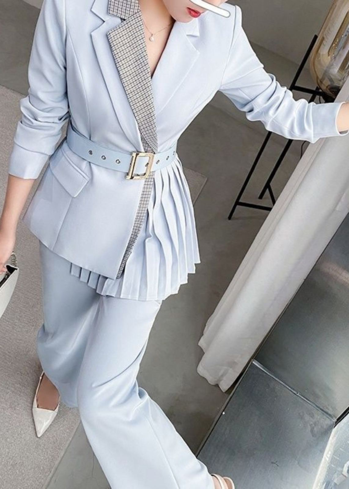 Blue Pleasted Belted Blazer & Flare Pants Suit | Vivian Seven M Blue Pleasted Belted Blazer & Flare Pants Suit | Vivian Seven M
