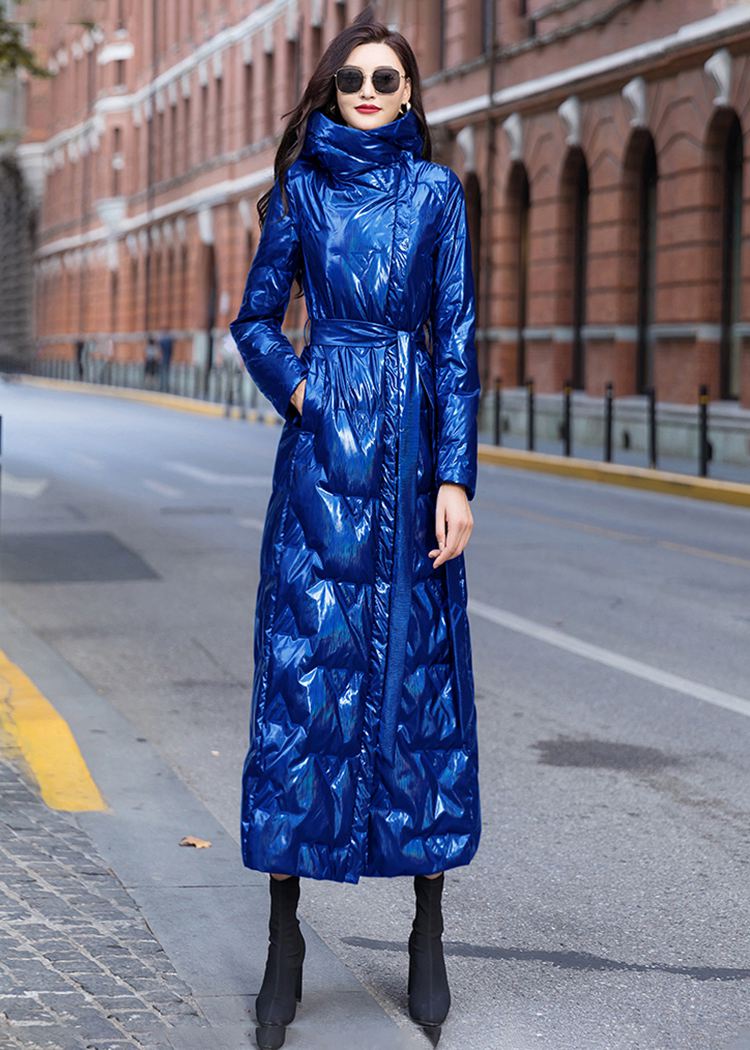 Women's Winter Glossy Blue Hooded Belted Long Down Puffer Coat