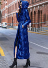 Women's Winter Glossy Blue Hooded Belted Long Down Puffer Coat