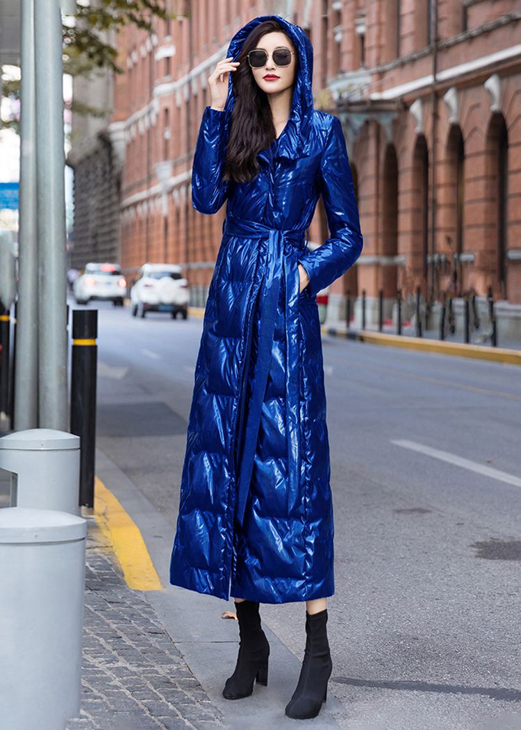 Glossy Blue Hooded Belted Down Long Puffer Coat Vivian Seven